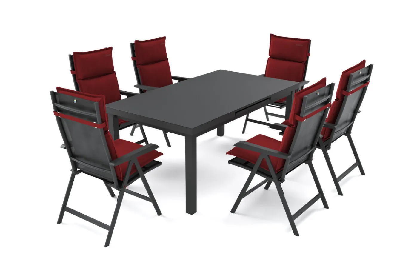 KETTLER Garten-Essgruppe, anthrazit/bordeaux, Alu/Polyester, 180/240 x 100 cm, ausziehbar, 6 Klappstühlen inkl. Auflagen