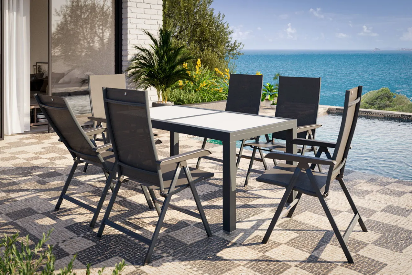 KETTLER Garten-Essgruppe mit 6 Stühlen, anthrazit/weiß, Alu/Textilene, ausziehbar & klappbar, robust & witterungsbeständig