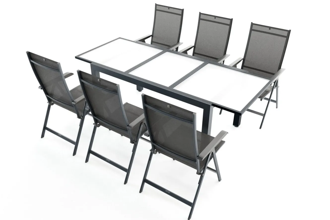 KETTLER Garten-Essgruppe mit 6 Stühlen, anthrazit/weiß, Alu/Textilene, ausziehbar & klappbar, robust & witterungsbeständig