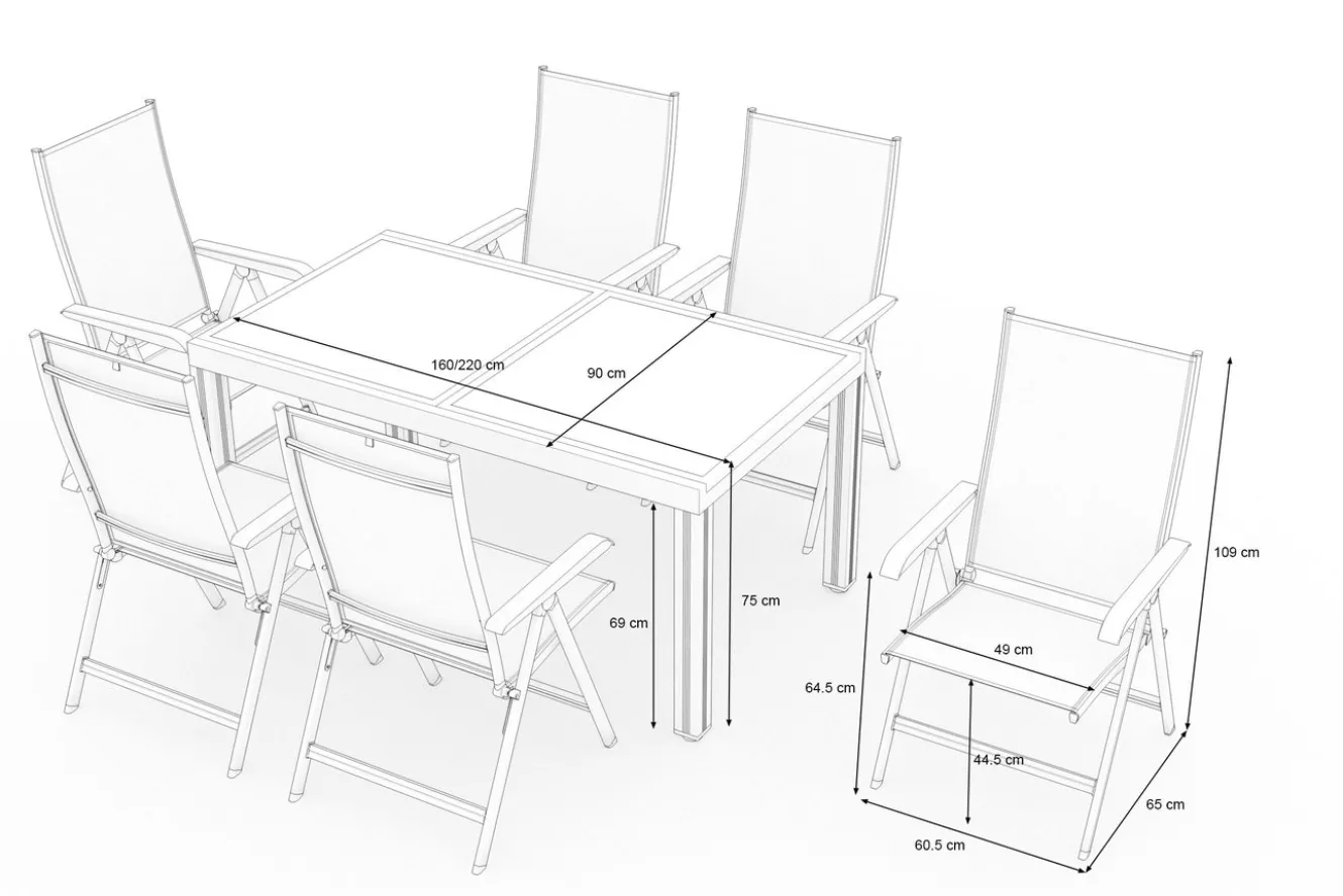 KETTLER Garten-Essgruppe mit 6 Stühlen, anthrazit/weiß, Alu/Textilene, ausziehbar & klappbar, robust & witterungsbeständig