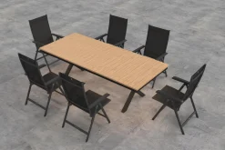 KETTLER Garten-Essgruppe mit LED-Beleuchtung, anthrazit/natur, Aluminium/Holzimitat/Textilene, 240 x 100 cm Tisch, 6 Klappstühle