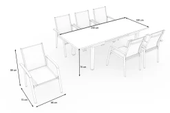 KETTLER Garten-Essgruppe mit 6 Stapelsesseln, weiß matt/hellgrau, Alu/Outdoorgewebe, Ausziehtisch 180/240 x 100 cm Tisch