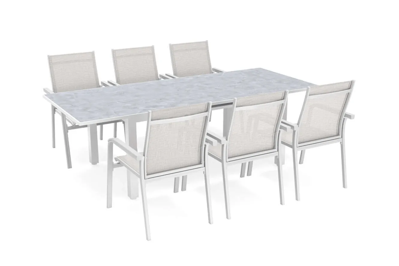 KETTLER Garten-Essgruppe mit 6 Stapelsesseln, weiß matt/hellgrau, Alu/Outdoorgewebe, Ausziehtisch 180/240 x 100 cm Tisch