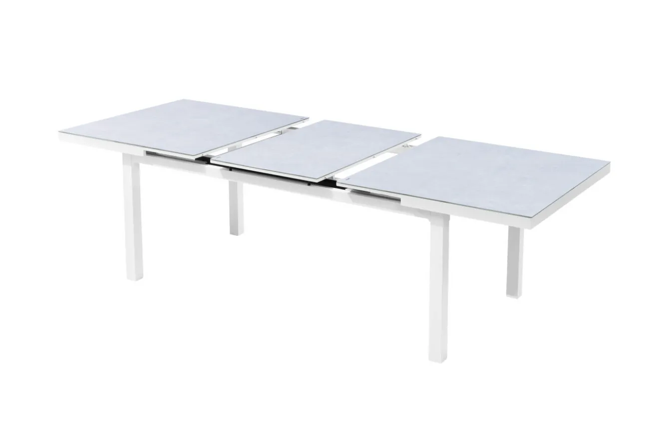KETTLER Garten-Essgruppe mit 6 Stapelsesseln, weiß matt/hellgrau, Alu/Outdoorgewebe, Ausziehtisch 180/240 x 100 cm Tisch