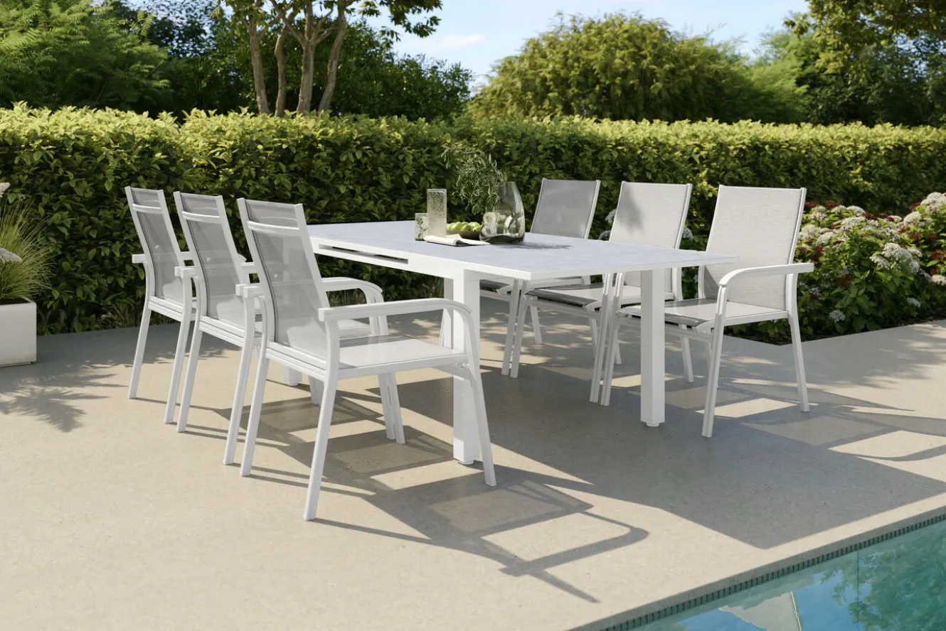 KETTLER Garten-Essgruppe mit 6 Stapelsesseln, weiß matt/hellgrau, Alu/Outdoorgewebe, Ausziehtisch 180/240 x 100 cm Tisch