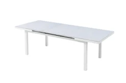 KETTLER Garten-Essgruppe mit 6 Stapelsesseln, weiß matt/hellgrau, Alu/Outdoorgewebe, Ausziehtisch 180/240 x 100 cm Tisch