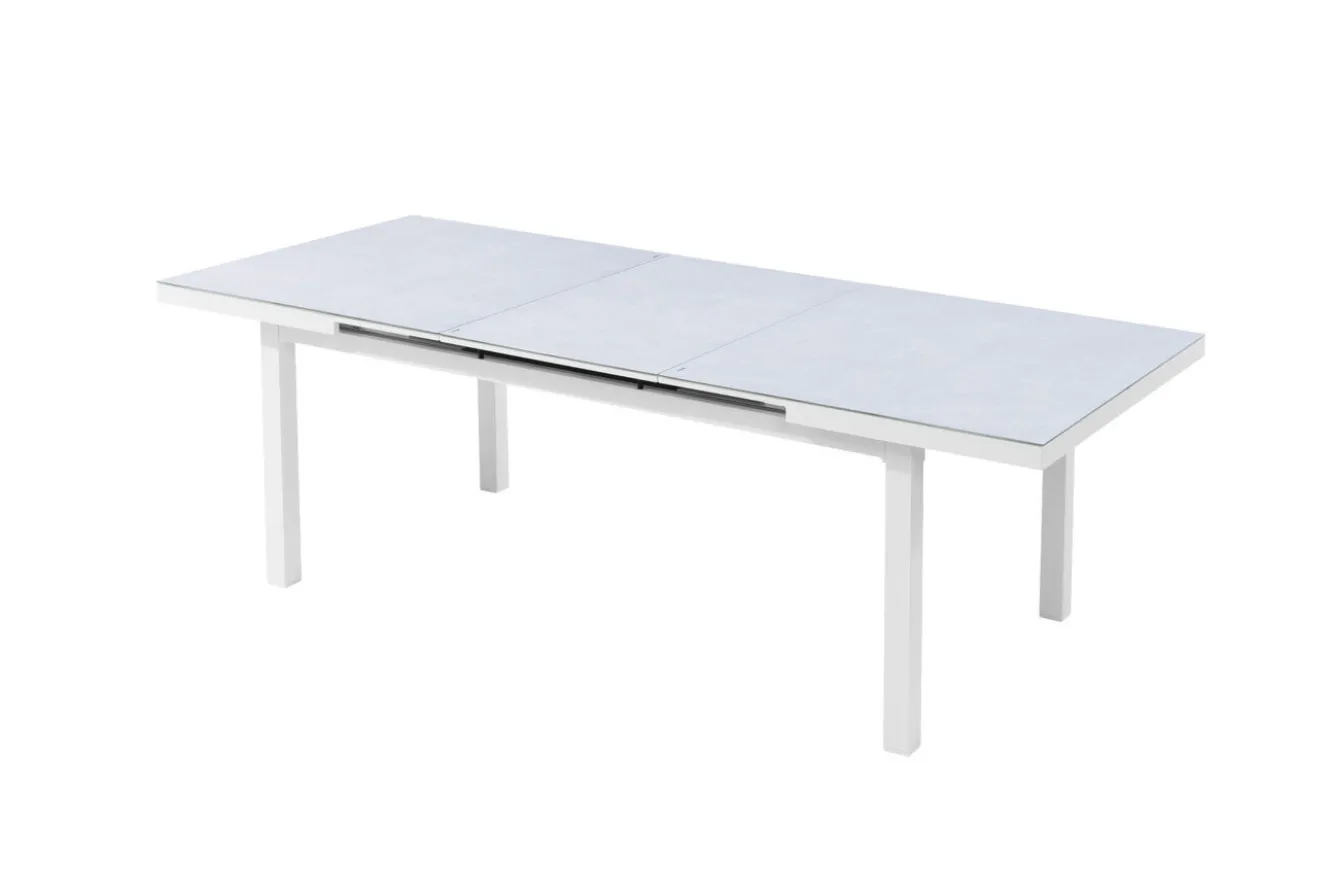 KETTLER Garten-Essgruppe mit 6 Stapelsesseln, weiß matt/hellgrau, Alu/Outdoorgewebe, Ausziehtisch 180/240 x 100 cm Tisch