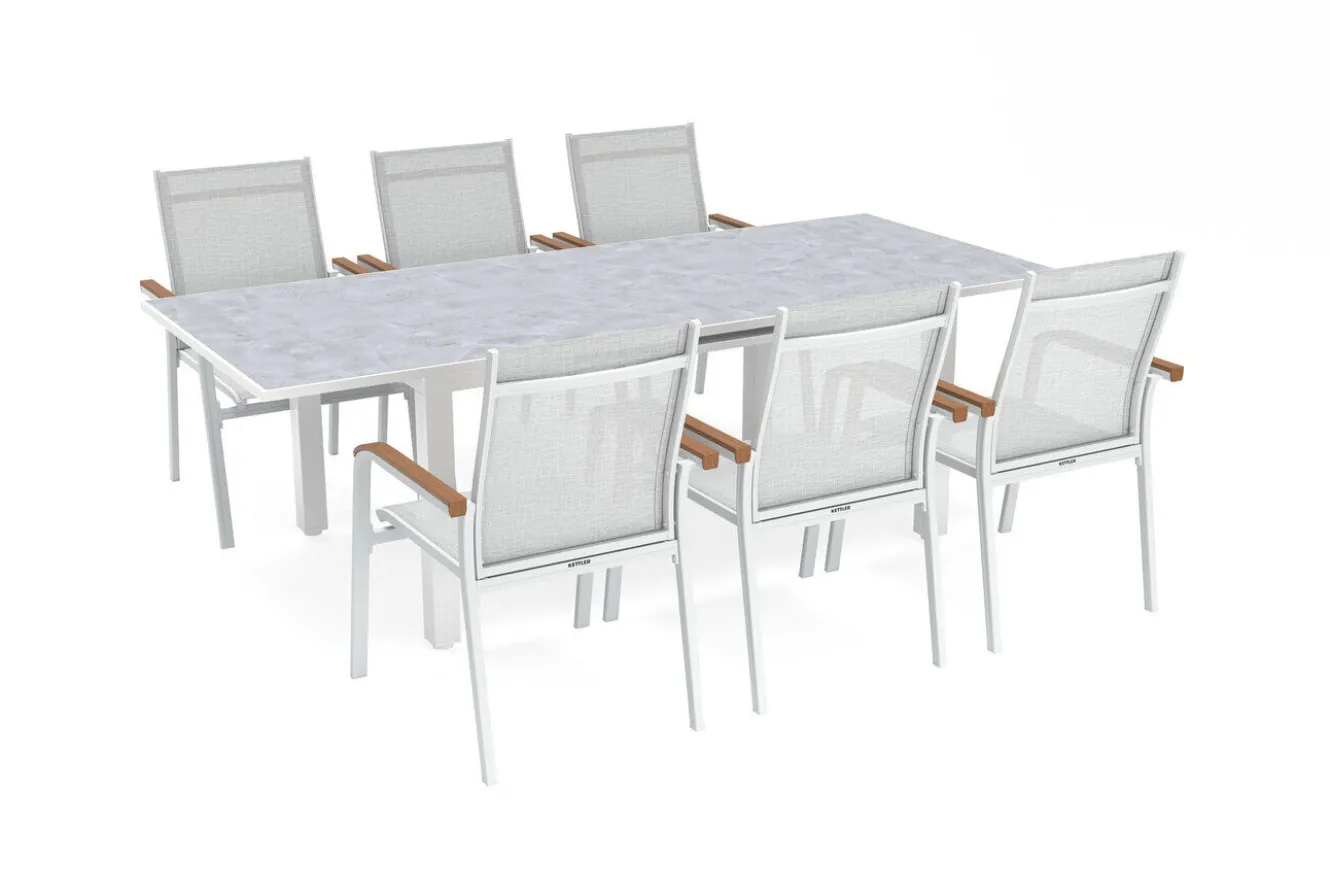 KETTLER Garten-Essgruppe mit 6 Stapelstühlen, weiß/hellgrau, Alu/Textilene, Ausziehtisch mit Glasplatte 180/240 x 100 cm