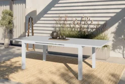 KETTLER Garten-Essgruppe mit 6 Stapelstühlen, weiß/hellgrau, Alu/Textilene, Ausziehtisch mit Glasplatte 180/240 x 100 cm