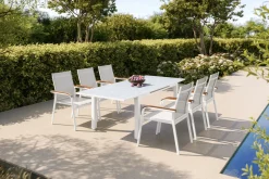KETTLER Garten-Essgruppe mit 6 Stapelstühlen, weiß/hellgrau, Alu/Textilene, Ausziehtisch mit Glasplatte 180/240 x 100 cm