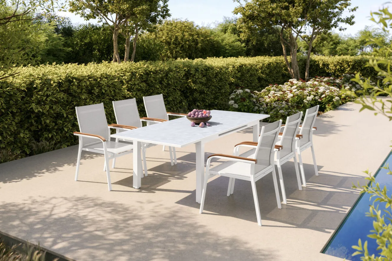 KETTLER Garten-Essgruppe mit 6 Stapelstühlen, weiß/hellgrau, Alu/Textilene, Ausziehtisch mit Glasplatte 180/240 x 100 cm