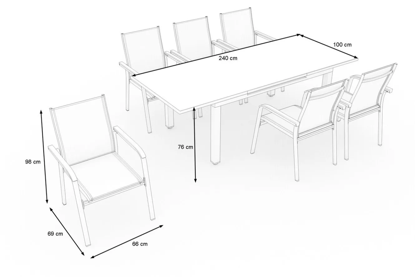 KETTLER Garten-Essgruppe mit 6 Stapelstühlen, weiß/hellgrau, Alu/Textilene, Ausziehtisch mit Glasplatte 180/240 x 100 cm