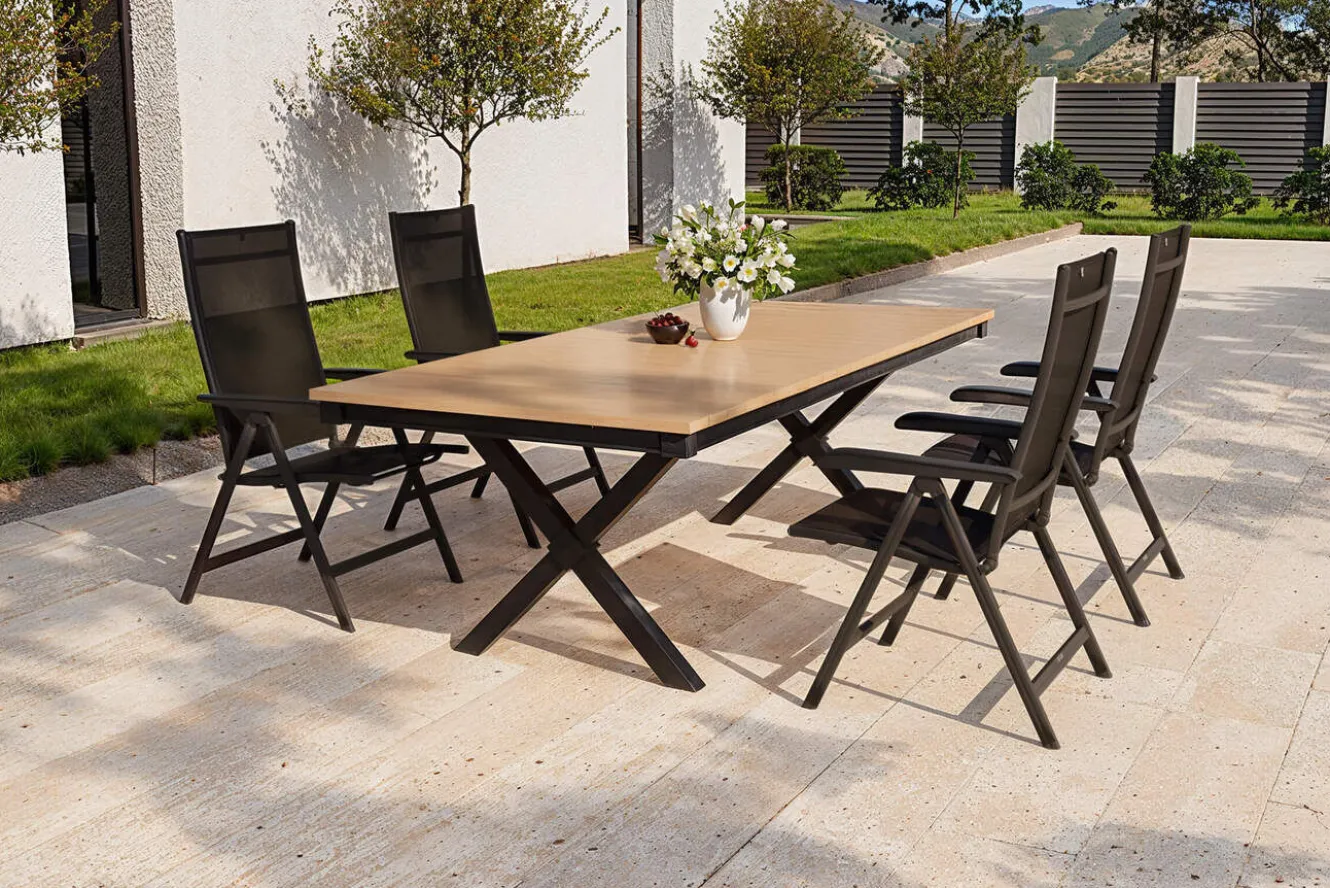 KETTLER Garten-Essgruppe mit LED-Beleuchtung, anthrazit/natur, Aluminium/Holzimitat/Textilene, 240 x 100 cm Tisch, 4 Klappstühle