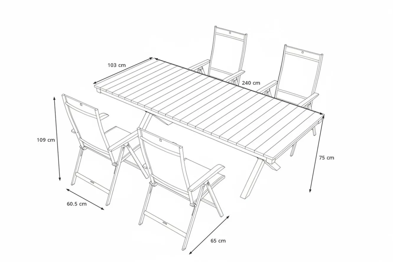 KETTLER Garten-Essgruppe mit LED-Beleuchtung, anthrazit/natur, Aluminium/Holzimitat/Textilene, 240 x 100 cm Tisch, 4 Klappstühle