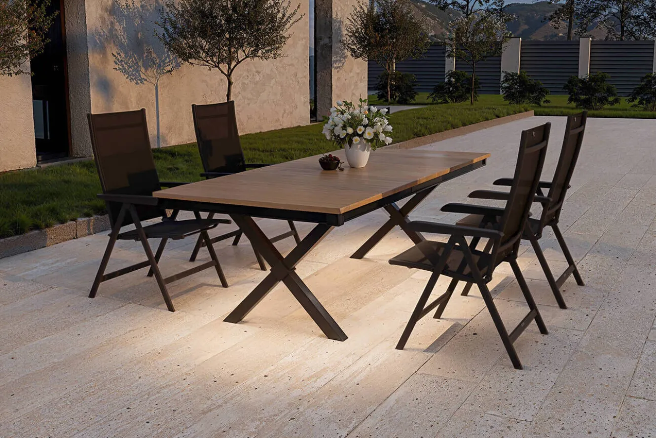 KETTLER Garten-Essgruppe mit LED-Beleuchtung, anthrazit/natur, Aluminium/Holzimitat/Textilene, 240 x 100 cm Tisch, 4 Klappstühle