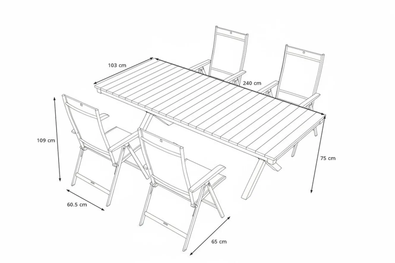 KETTLER Garten-Essgruppe mit LED-Beleuchtung, anthrazit/natur, Aluminium/Holzimitat/Textilene, 240 x 100 cm Tisch, 4 Klappstühle