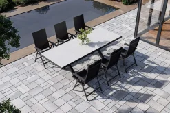 KETTLER Garten-Essgruppe mit 6 Klappstühlen, schwarz/grau/anthrazit, Aluminium/Steinimitat/Textilene, 200/260 x 100 cm