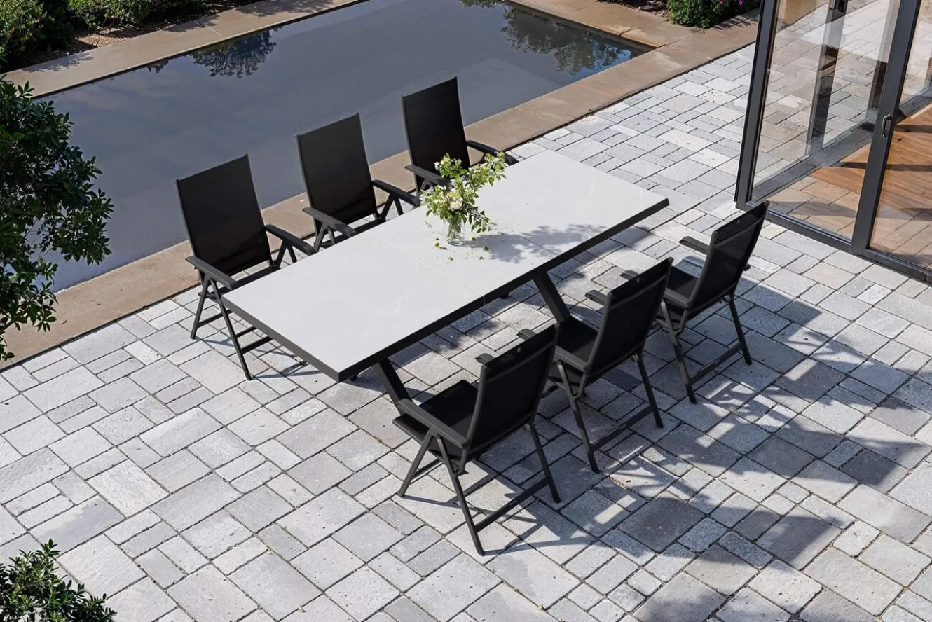 KETTLER Garten-Essgruppe mit 6 Klappstühlen, schwarz/grau/anthrazit, Aluminium/Steinimitat/Textilene, 200/260 x 100 cm