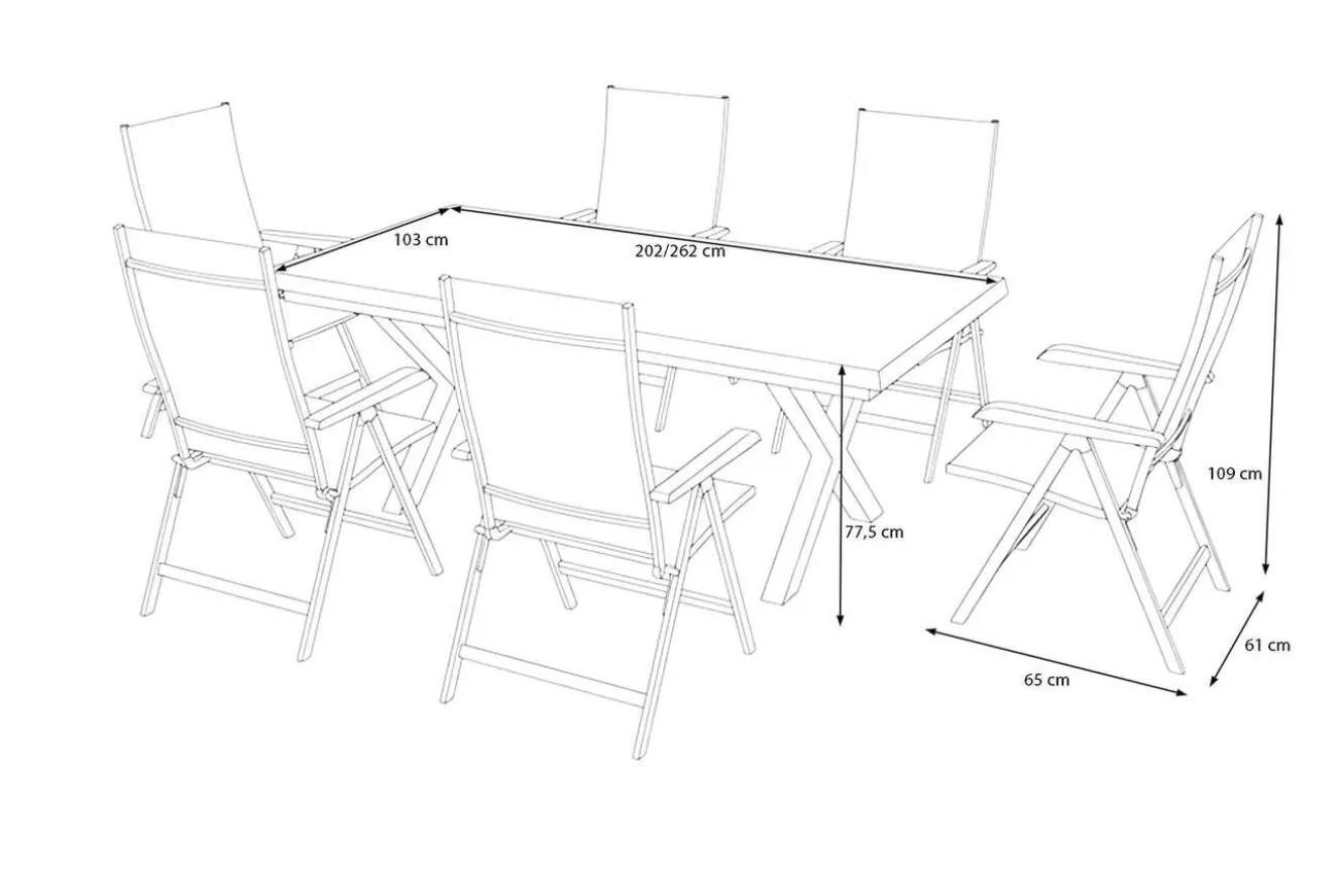 KETTLER Garten-Essgruppe mit 6 Klappstühlen, schwarz/grau/anthrazit, Aluminium/Steinimitat/Textilene, 200/260 x 100 cm
