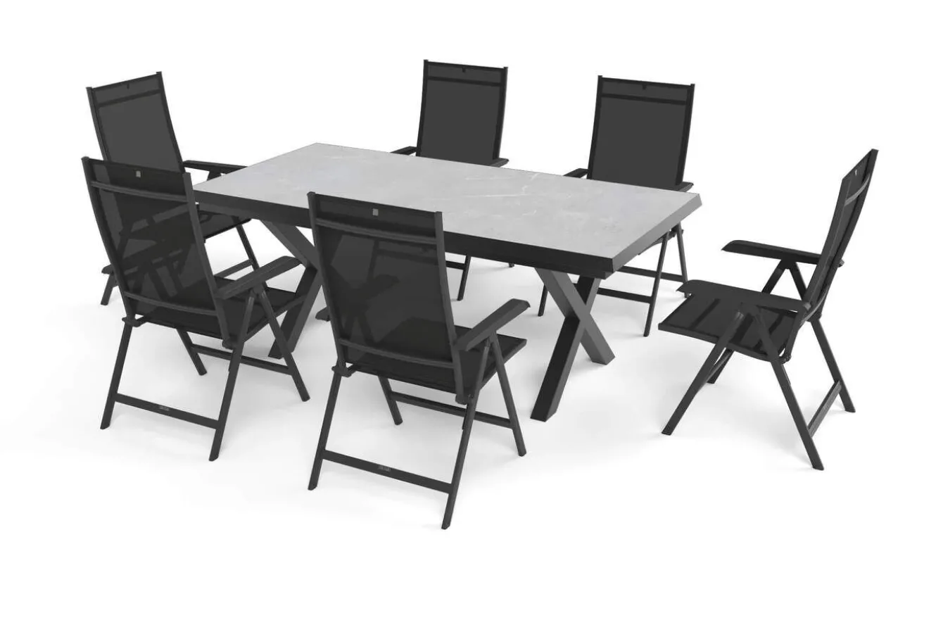 KETTLER Garten-Essgruppe mit 6 Klappstühlen, schwarz/grau/anthrazit, Aluminium/Steinimitat/Textilene, 200/260 x 100 cm