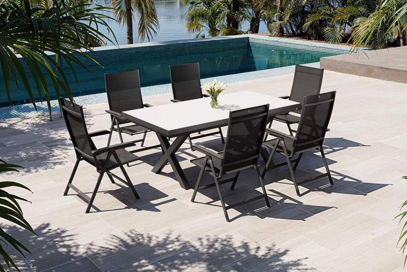 KETTLER Garten-Essgruppe mit 6 Klappstühlen, schwarz/grau/anthrazit, Aluminium/Steinimitat/Textilene, 200/260 x 100 cm