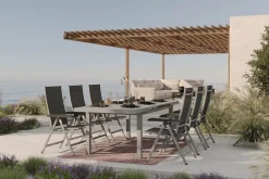 KETTLER Garten-Essgruppe mit 6 Klappstühlen und Outdoor-Teppich, silber/anthrazit/andorra-weiß, Aluminium/Textilene, ausziehbarer Tisch 180/240 x 100 cm