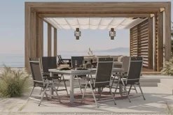 KETTLER Garten-Essgruppe mit 6 Klappstühlen und Outdoor-Teppich, silber/anthrazit/andorra-weiß, Aluminium/Textilene, ausziehbarer Tisch 180/240 x 100 cm