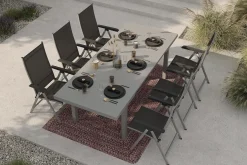 KETTLER Garten-Essgruppe mit 6 Klappstühlen und Outdoor-Teppich, silber/anthrazit/andorra-weiß, Aluminium/Textilene, ausziehbarer Tisch 180/240 x 100 cm