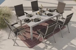 KETTLER Garten-Essgruppe mit 6 Klappstühlen und Outdoor-Teppich, silber/anthrazit/andorra-weiß, Aluminium/Textilene, ausziehbarer Tisch 180/240 x 100 cm