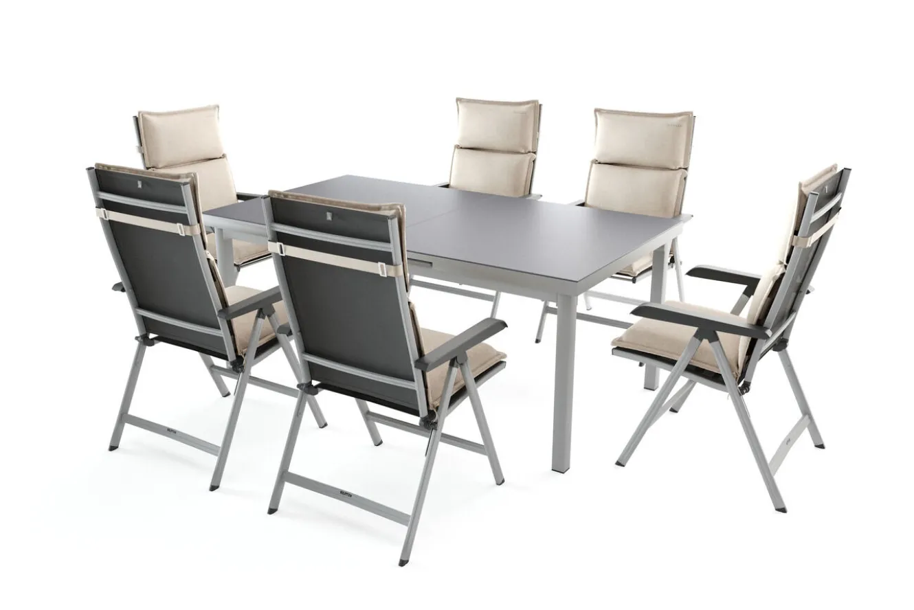 KETTLER Garten-Essgruppe, silber/anthrazit, Alu/Textilene/, Tisch 180/240 x 100 cm, 6 Klappstühle, inkl. Auflagen