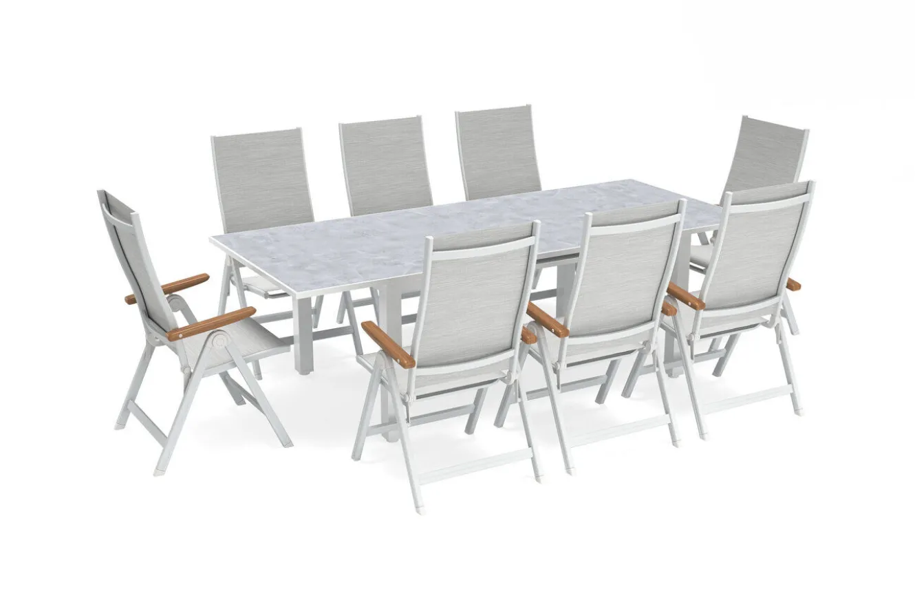 KETTLER Garten-Essgruppe, weiß matt/hellgrau, Alu/Textilene, Ausziehtisch 180/240 x 100 cm, 8x Klappstuhl