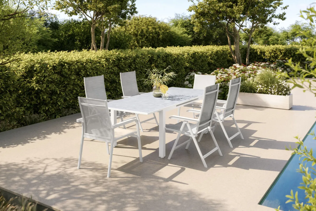 KETTLER Garten-Essgruppe, weiß matt/hellgrau, Aluminium/Outdoorgewebe/Glas, Ausziehbar, 180/240 x 100 cm Tisch, 4 Klappstühle, 2 Stapelstühle
