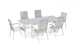 KETTLER Garten-Essgruppe, weiß matt/hellgrau, Aluminium/Outdoorgewebe/Glas, Ausziehbar, 180/240 x 100 cm Tisch, 4 Klappstühle, 2 Stapelstühle