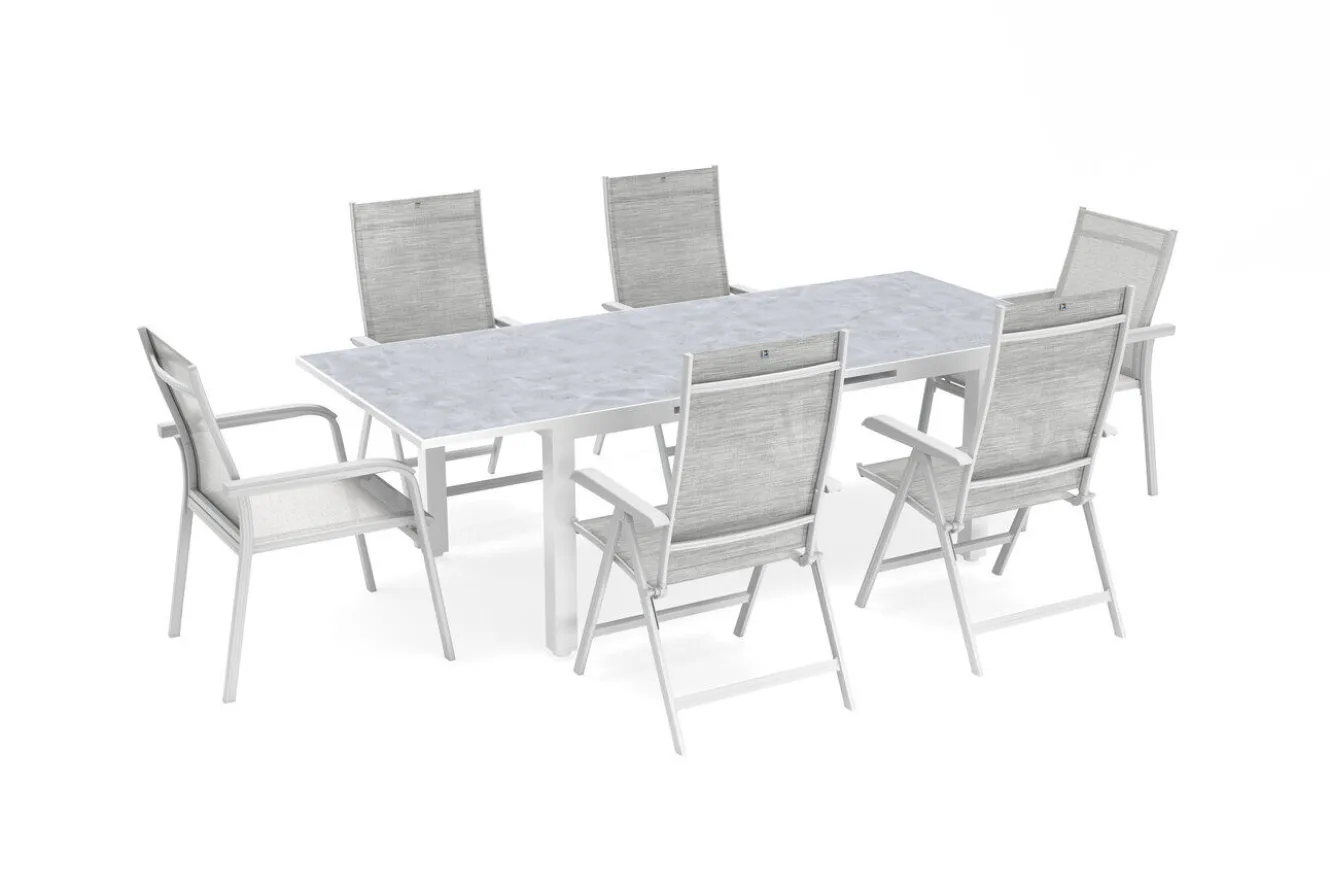 KETTLER Garten-Essgruppe, weiß matt/hellgrau, Aluminium/Outdoorgewebe/Glas, Ausziehbar, 180/240 x 100 cm Tisch, 4 Klappstühle, 2 Stapelstühle