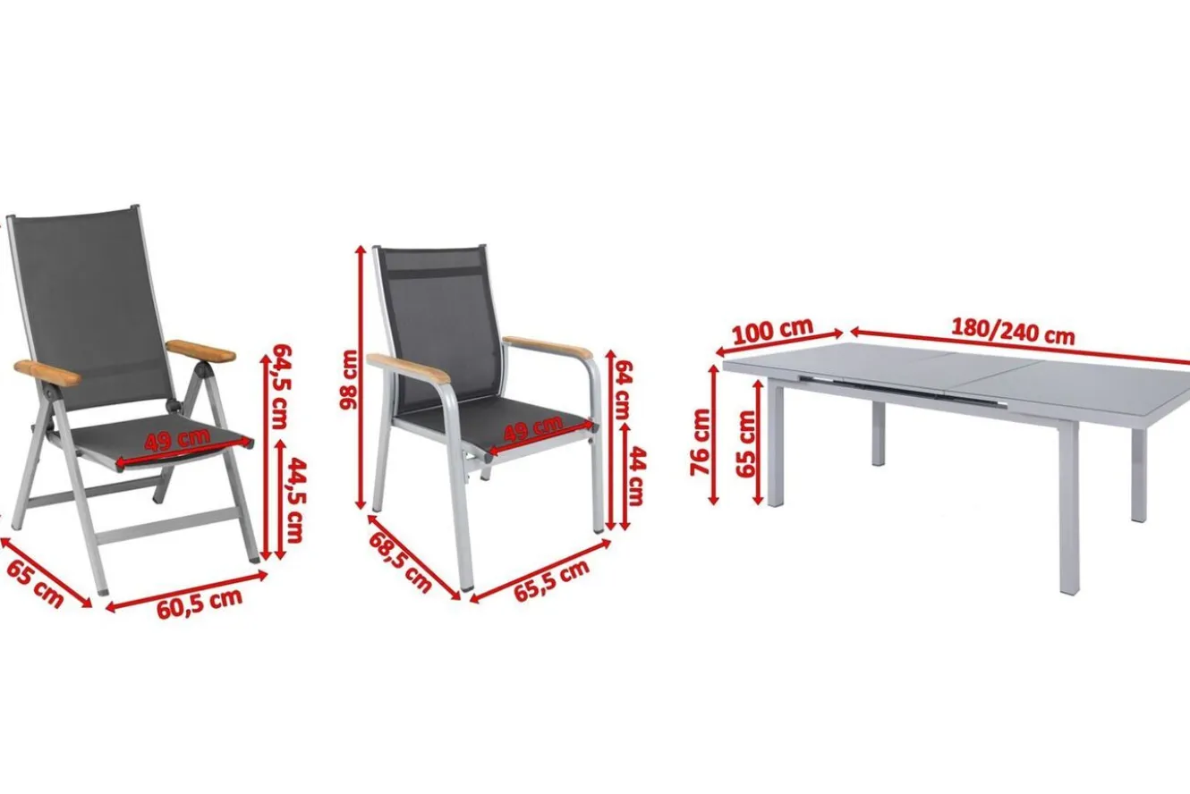 KETTLER Granada Garten-Essgruppe, silber, Alu/Textilene, Tisch 180/240x100cm, 6 Stapel-, 2 Klappstühle
