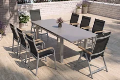 KETTLER Granada Garten-Essgruppe, silber, Alu/Textilene, Tisch 180/240x100cm, 6 Stapel-, 2 Klappstühle