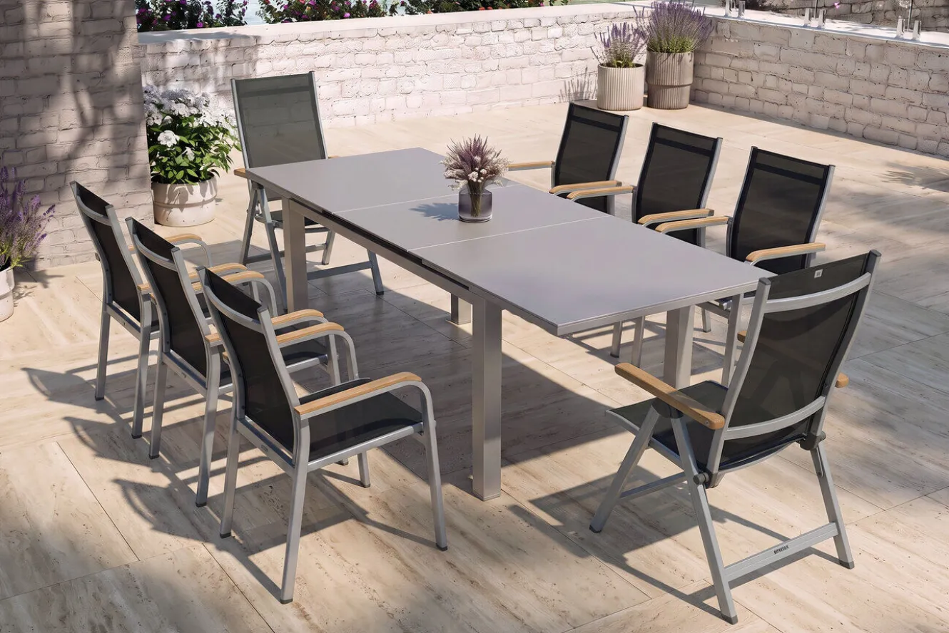 KETTLER Granada Garten-Essgruppe, silber, Alu/Textilene, Tisch 180/240x100cm, 6 Stapel-, 2 Klappstühle