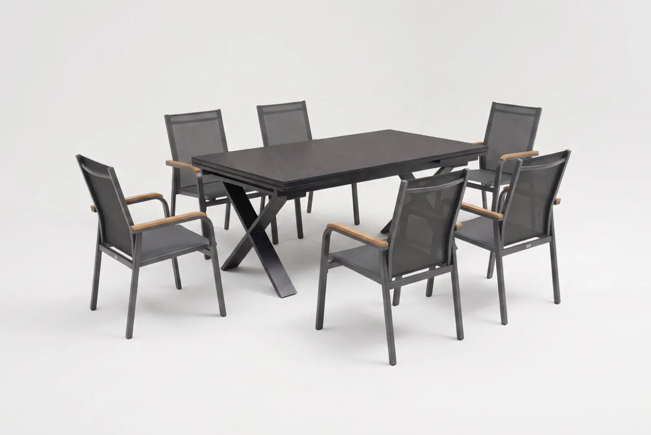 KETTLER Granada Garten-Essgruppe, Anthrazit/Schwarz, Alu/Spraystone, Tisch 180/280x100cm, 6 Stapelsessel