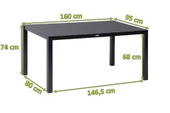 KETTLER Granada Garten-Essgruppe, Anthrazit, Alu/Spraystone, Tisch 160x95 cm, 6 Stapelsessel