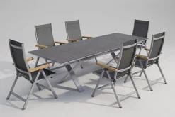 KETTLER Granada Garten-Essgruppe, silber / anthrazit, Alu / Spraystone / Teak, Tisch 180/280x100cm, 6 Klappstühle