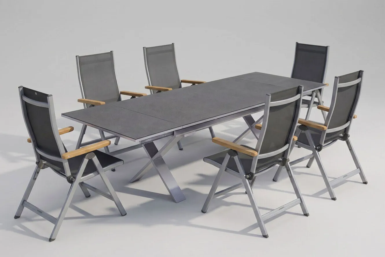 KETTLER Granada Garten-Essgruppe, silber / anthrazit, Alu / Spraystone / Teak, Tisch 180/280x100cm, 6 Klappstühle