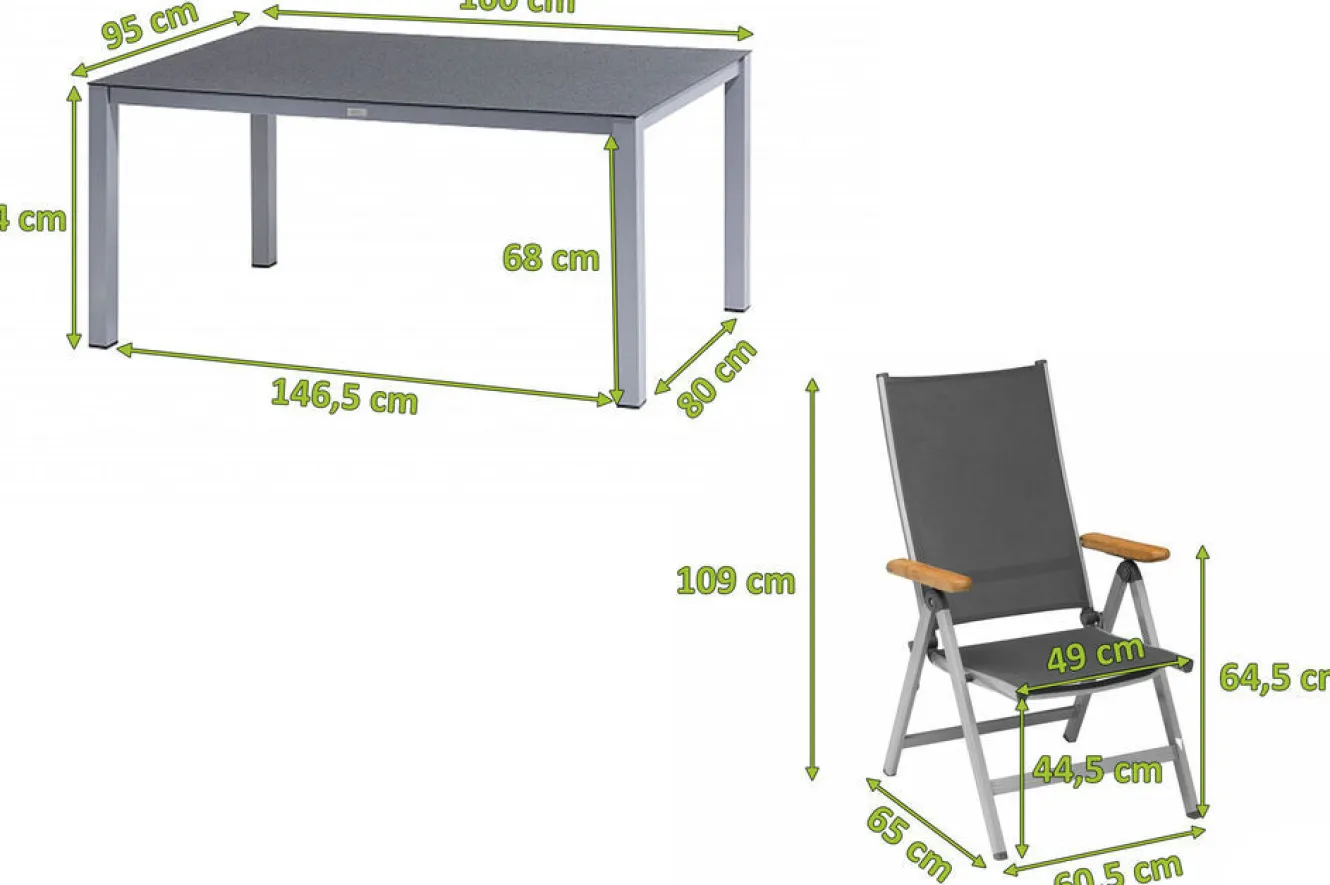 KETTLER Granada Garten-Essgruppe, silber/anthrazit, Alu/Spraystone/Textil, 160 x 95 cm, 4 Klappstühle