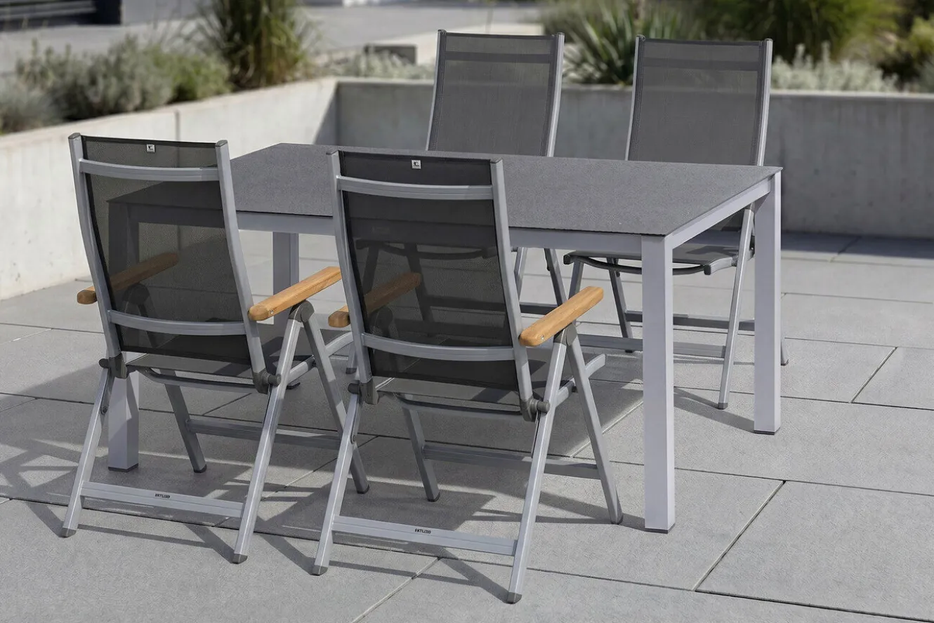KETTLER Granada Garten-Essgruppe, silber/anthrazit, Alu/Spraystone/Textil, 160 x 95 cm, 4 Klappstühle