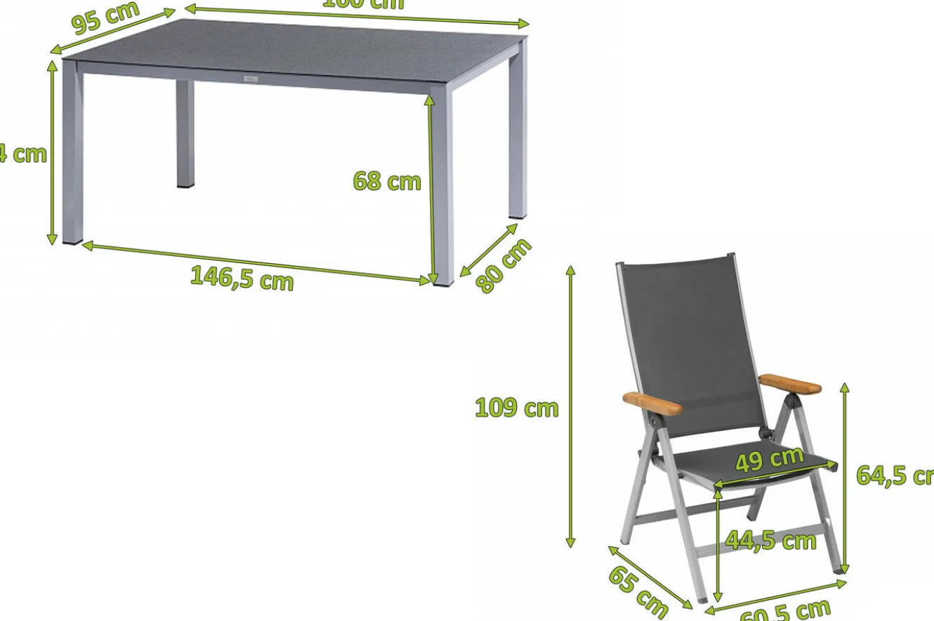 KETTLER Granada Garten-Essgruppe, silber/anthrazit, Alu/Spraystone/Textil, 160 x 95 cm, 4 Klappstühle