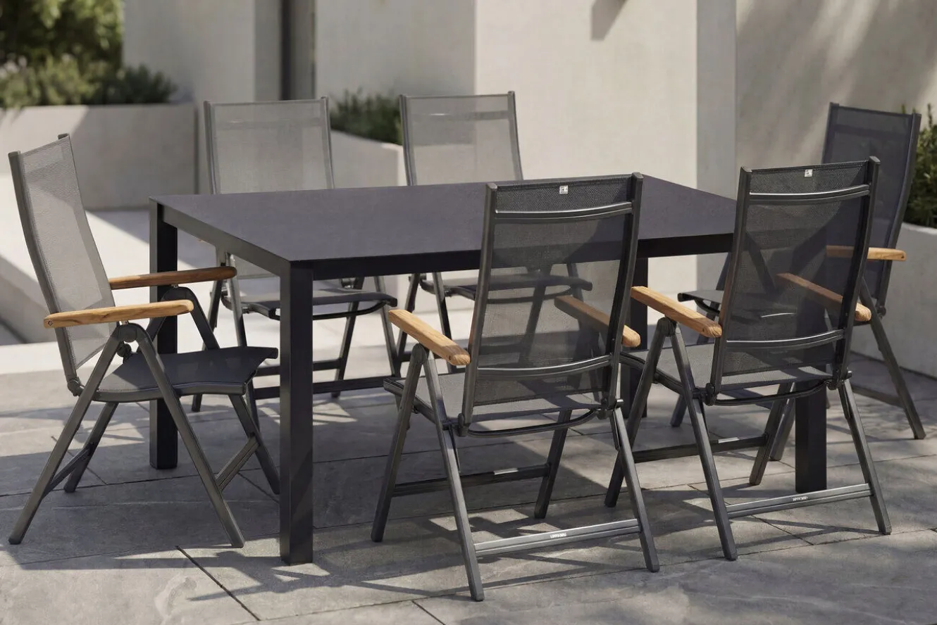 KETTLER Granada Garten-Essgruppe, Anthrazit, Alu/Spraystone, Tisch 160x95 cm, 6x Klappstühle