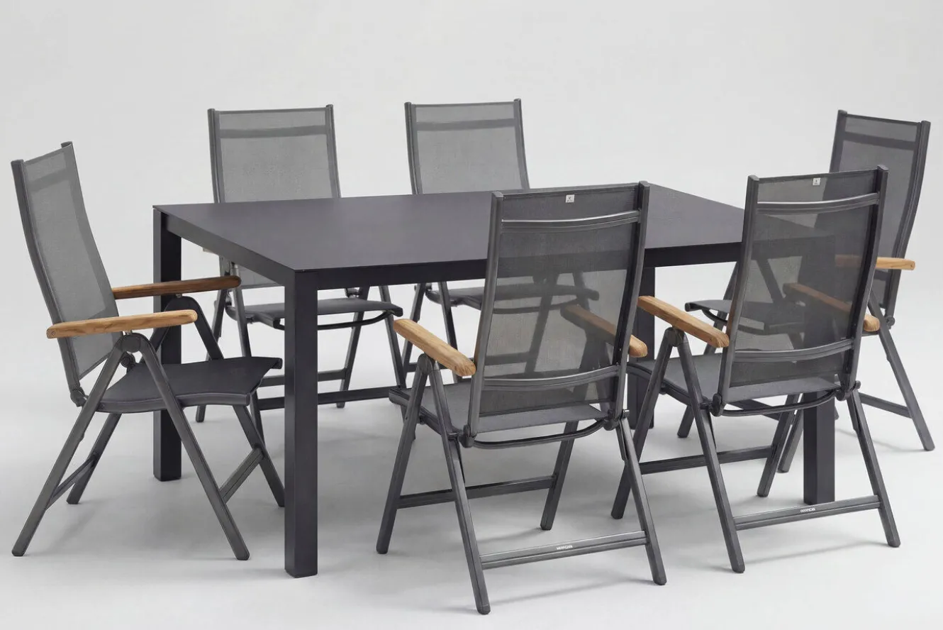 KETTLER Granada Garten-Essgruppe, Anthrazit, Alu/Spraystone, Tisch 160x95 cm, 6x Klappstühle