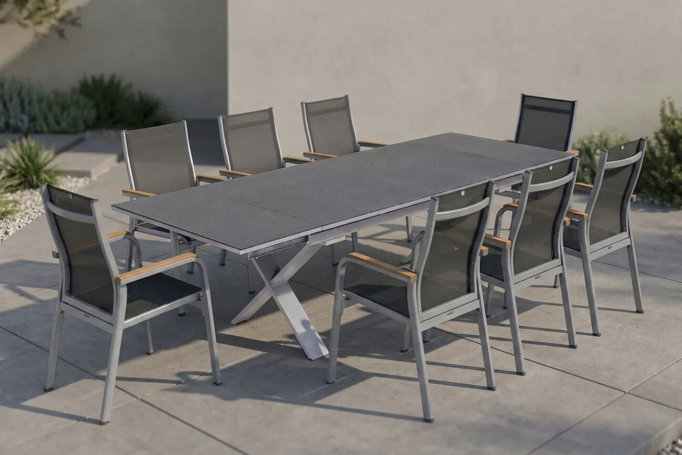 KETTLER Granada Garten-Essgruppe, silber / anthrazit, Alu / Spraystone / Teak, Tisch 180/280x100cm, 8 Stapelsessel