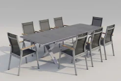 KETTLER Granada Garten-Essgruppe, silber / anthrazit, Alu / Spraystone / Teak, Tisch 180/280x100cm, 8 Stapelsessel