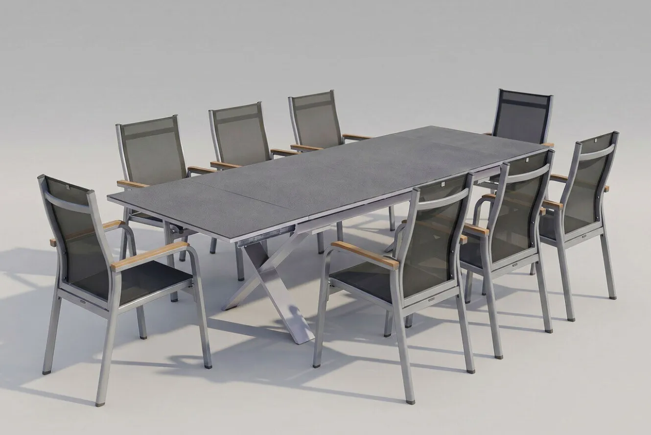KETTLER Granada Garten-Essgruppe, silber / anthrazit, Alu / Spraystone / Teak, Tisch 180/280x100cm, 8 Stapelsessel