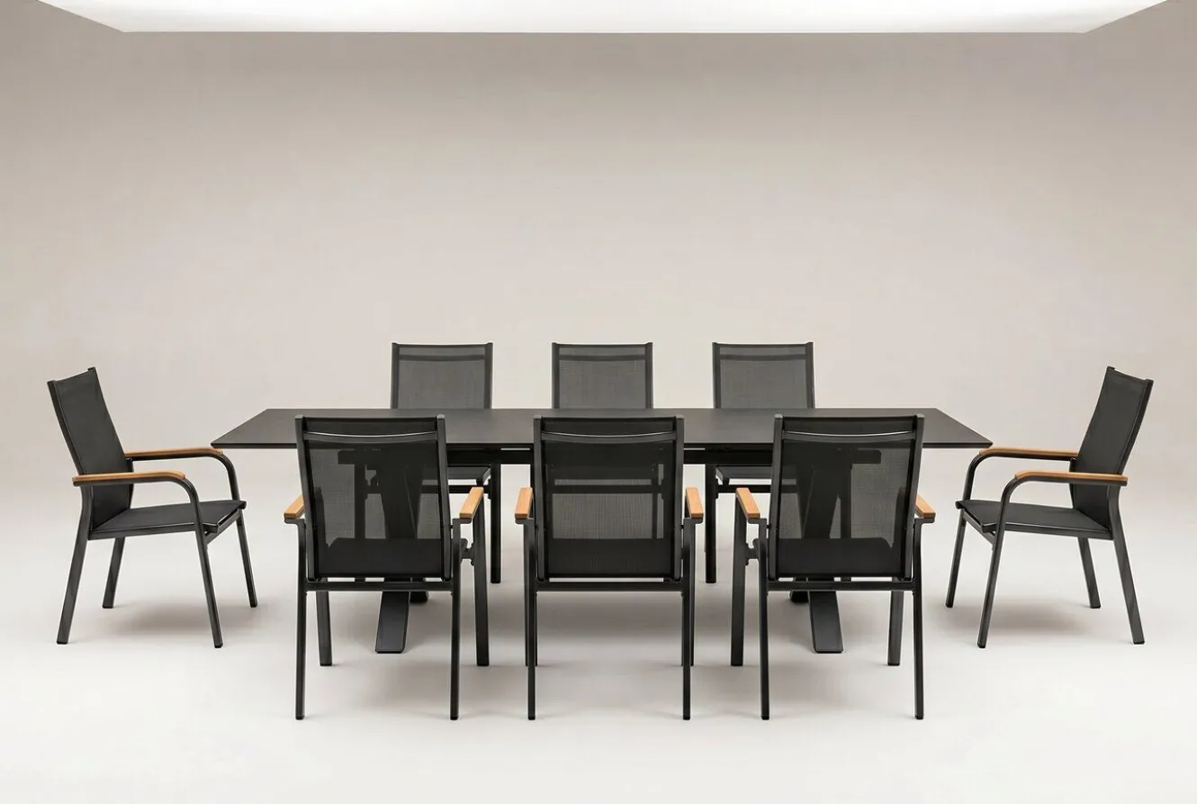 KETTLER Granada Garten-Essgruppe, Anthrazit/Schwarz, Alu/Spraystone, Tisch 180/280x100cm, 8 Stapelsessel